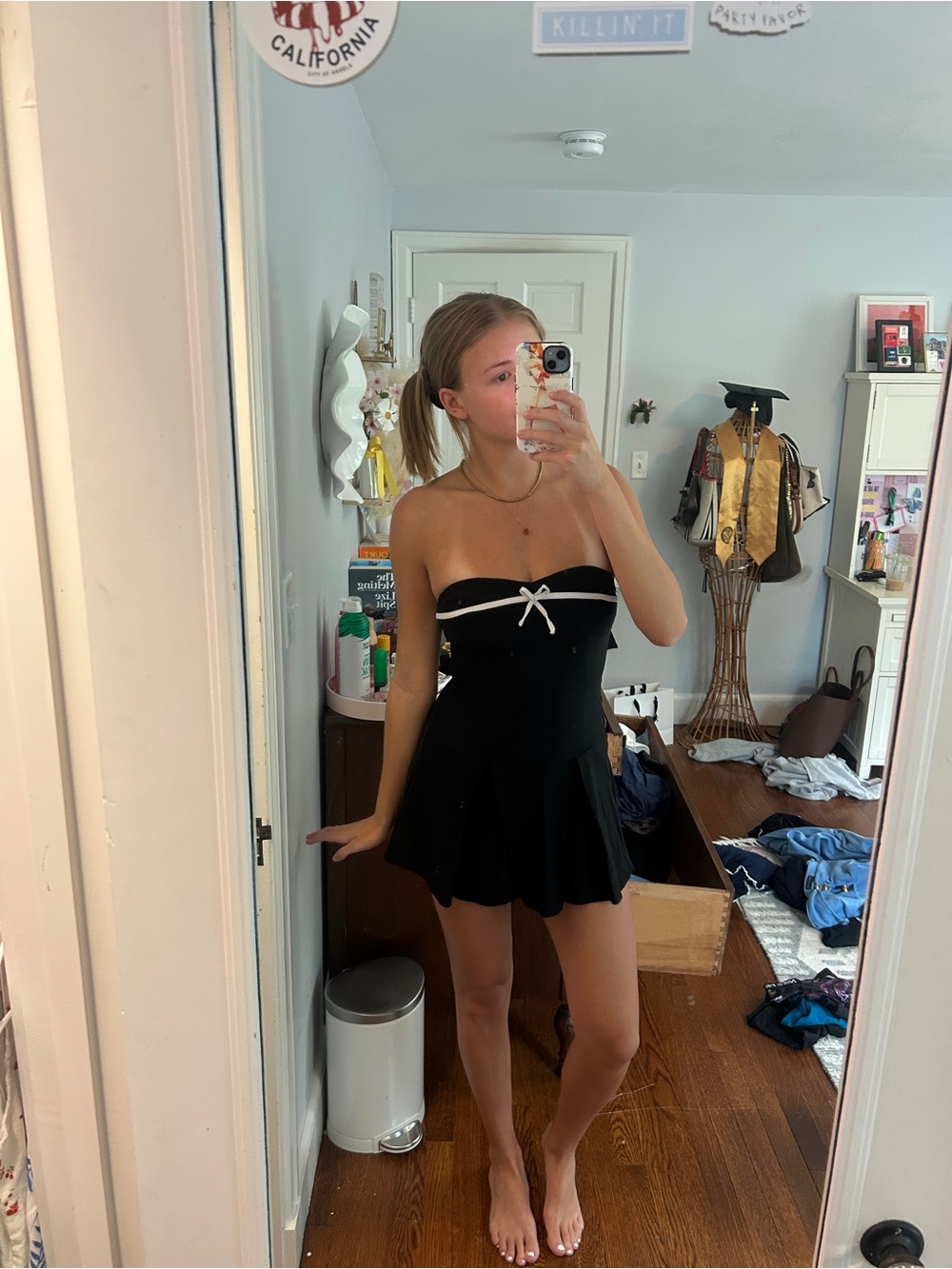 Motel Rocks Black Strapless Mini Dress with White Bow